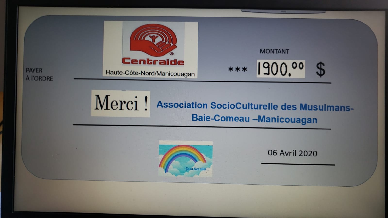 Association socioculturelle des musulmans de Baie-Comeau (Manicouagan) Le 03 Avril 2020 Communiqué de presse Consciente des besoins urgents que provoque la propagation de la Covid-19, Association socioculturelle des musulmans de Baie-Comeau (Manicouagan) est fière d'annoncer qu’un montant de 1 900 $ a été amassé afin de participer à l’élan de solidarité qui se manifeste à travers notre belle région. Nous nous préoccupons particulièrement des personnes les plus vulnérables autour de nous qui sont touchées par des pertes d’emploi par la crise de la COVID-19. Nous tenons à exprimer notre gratitude envers l'incroyable compassion démontrée par les membres (environ 12 membres) de la communauté musulmane de Baie-Comeau à l'égard de nos concitoyens pour les aider en donnant à ce fonds qui permettra concrètement de répondre aux besoins alimentaires d’urgence. Nous communiquerons dans les plus brefs délais avec Centraide Haute-Côte-Nord-Manicouagan pour transférer ce don. Ça va bien aller